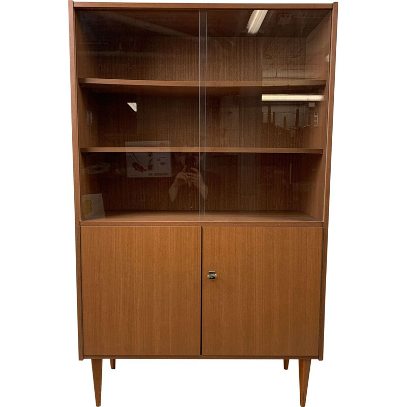 Vintage wooden bookcase with glass, Scandinavian 1970s