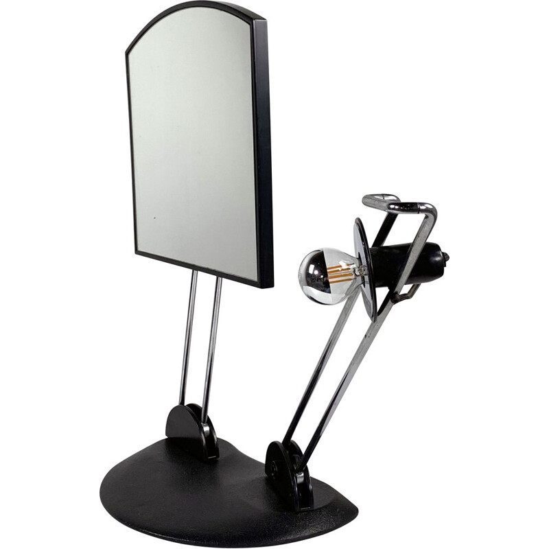 Vintage adjustable table mirror and light with cast iron base 1980s