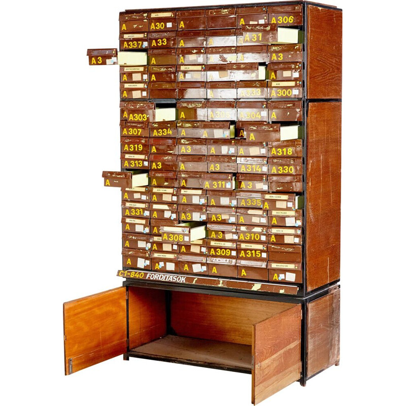 Vintage wooden library card cabinet, 1970