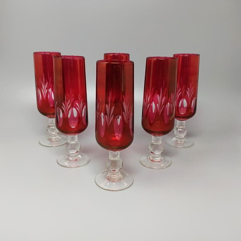 Set of 6 vintage Red Bohemian Cut Crystal Glasses 1960