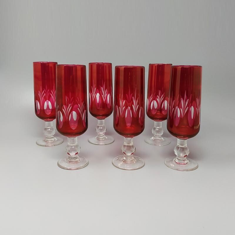 Set of 6 vintage Red Bohemian Cut Crystal Glasses 1960