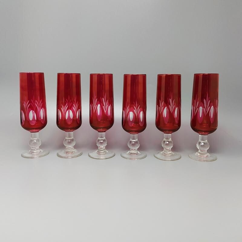 Set of 6 vintage Red Bohemian Cut Crystal Glasses 1960