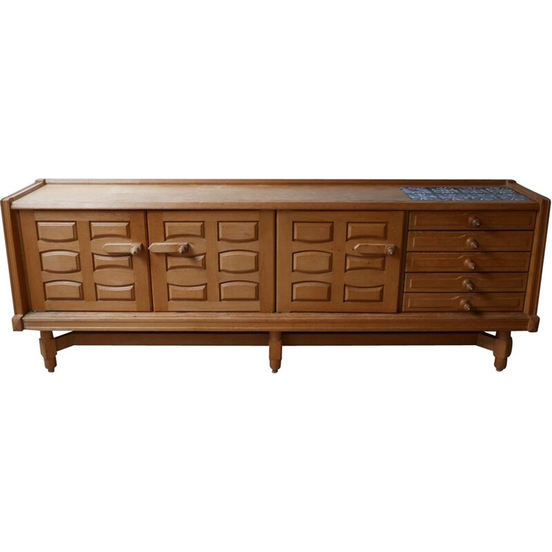 Vintage Oak and Ceramic Credenza Sideboard by Guillerme et Chambron, French 1960s