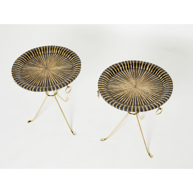 Pair of vintage brass pedestal tables inlaid with straw Romeo Paris 1970s