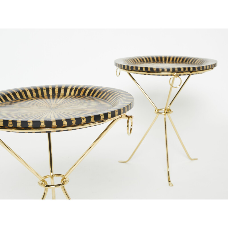 Pair of vintage brass pedestal tables inlaid with straw Romeo Paris 1970s