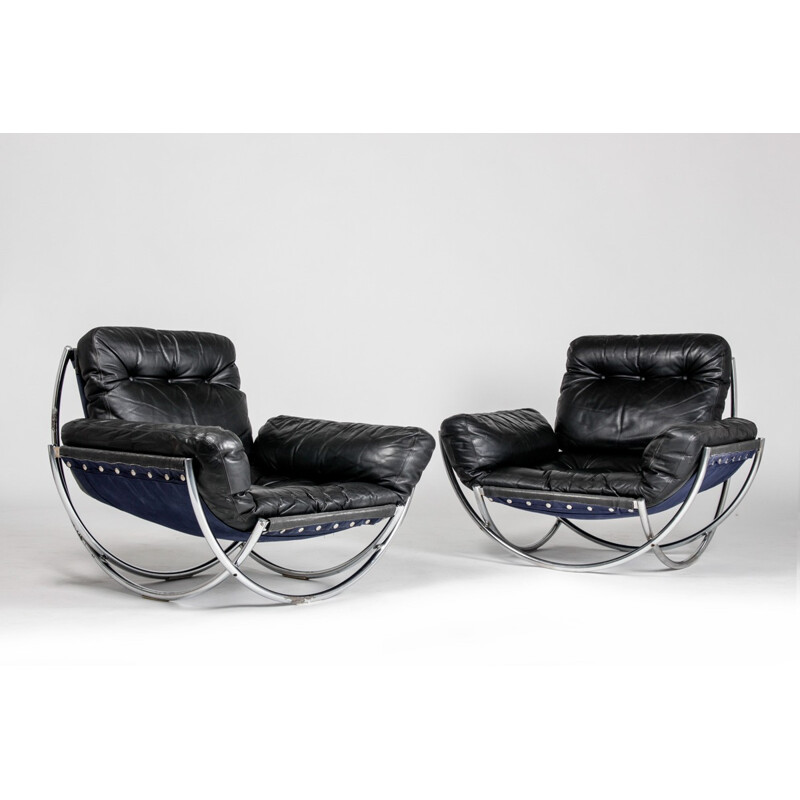 Pair of AB Wilo armchairs in black leather and chromed metal, Lennart BENDER - 1960s