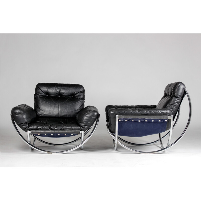 Pair of AB Wilo armchairs in black leather and chromed metal, Lennart BENDER - 1960s