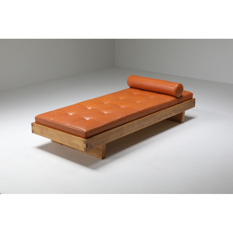Vintage cognac leather bed by Charlotte Perriand for the hotel Le Grand Coeur, France 1950