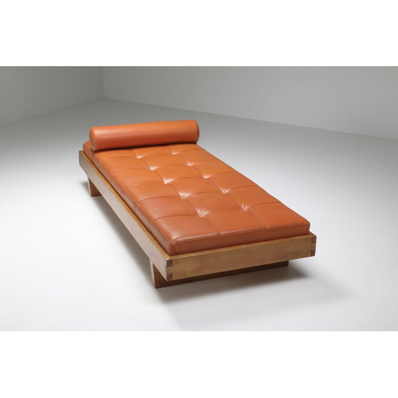 Vintage cognac leather bed by Charlotte Perriand for the hotel Le Grand Coeur, France 1950