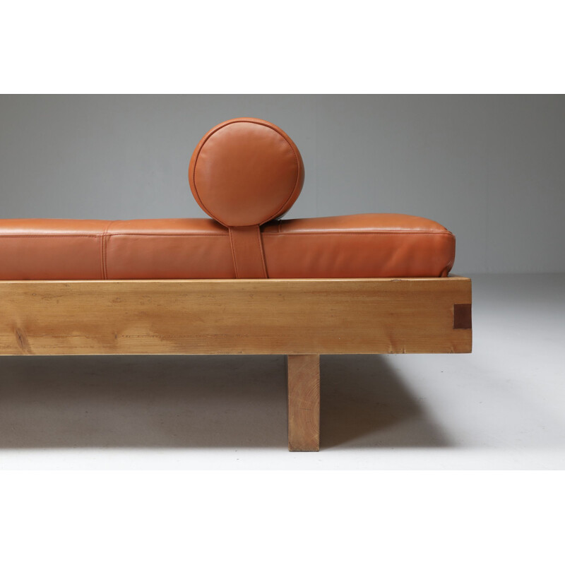 Vintage cognac leather bed by Charlotte Perriand for the hotel Le Grand Coeur, France 1950