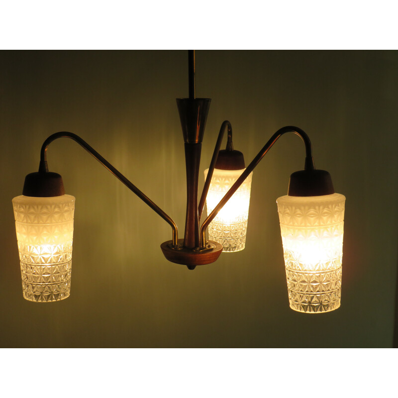 Vintage 3 arms teak, brass and glass chandelier