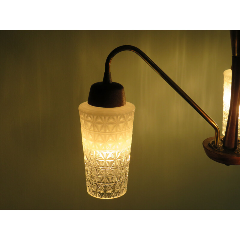 Vintage 3 arms teak, brass and glass chandelier