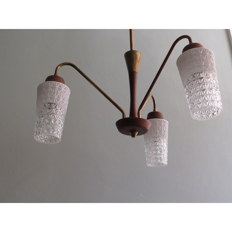 Vintage 3 arms teak, brass and glass chandelier