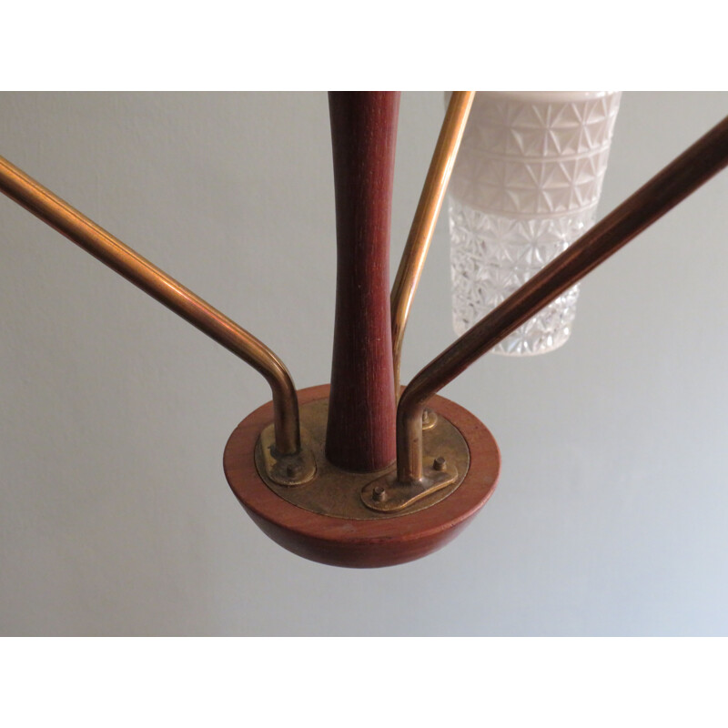 Vintage 3 arms teak, brass and glass chandelier