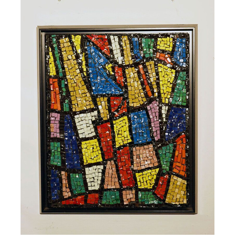 Vintage glass mosaic wall panel with wooden frame, Italy 1960