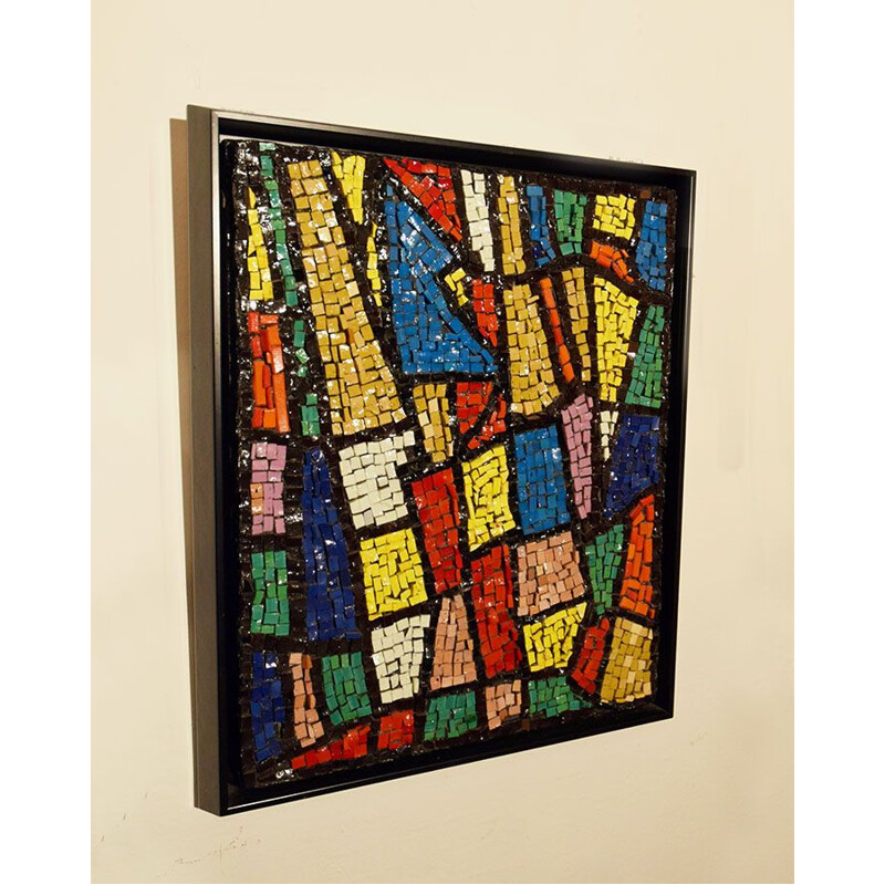 Vintage glass mosaic wall panel with wooden frame, Italy 1960