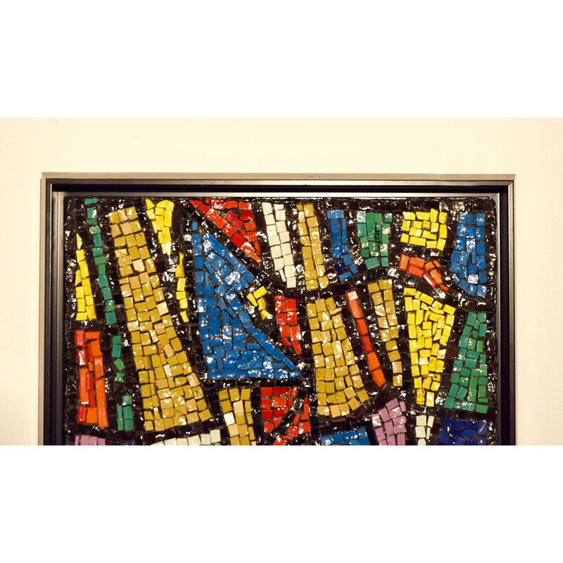 Panel mural de mosaico de vidrio vintage con marco de madera, Italia 1960