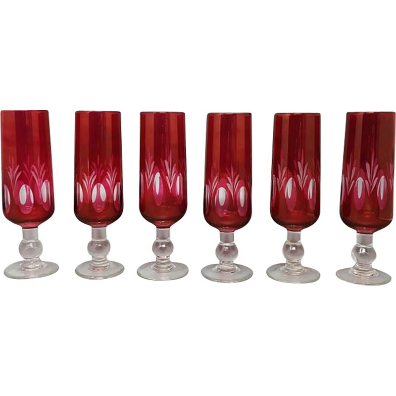 Set of 6 vintage Red Bohemian Cut Crystal Glasses 1960