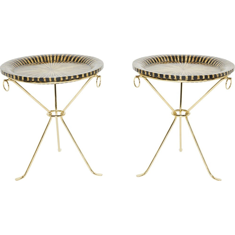 Pair of vintage brass pedestal tables inlaid with straw Romeo Paris 1970s