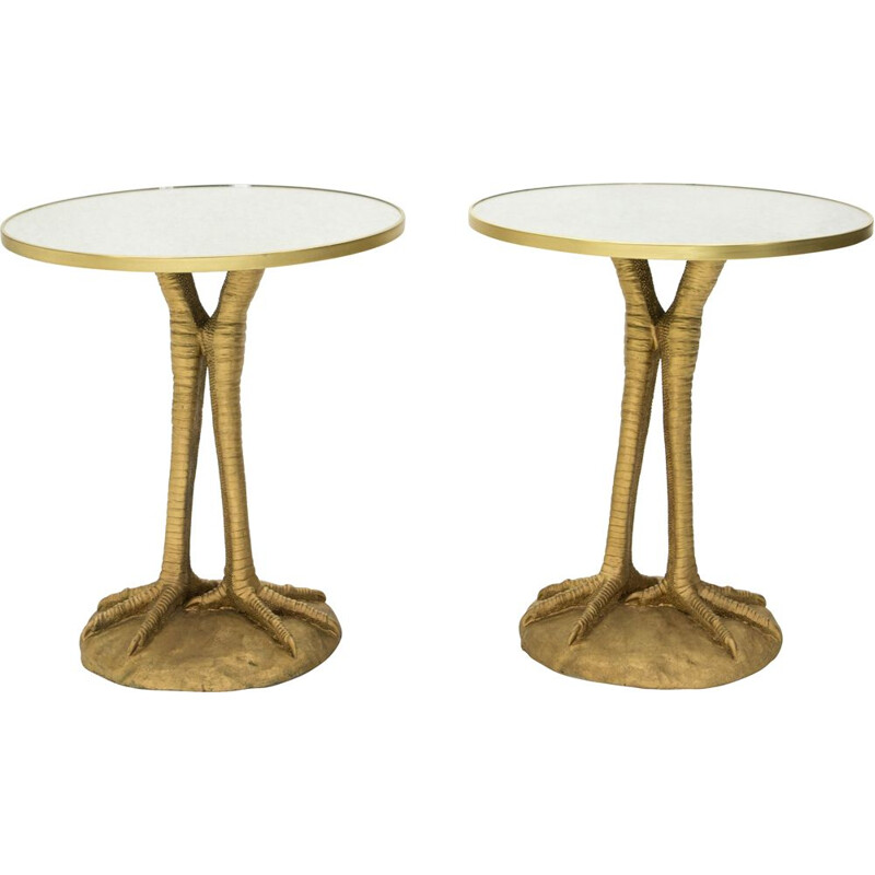 Pair of vintage pedestal tables in gold resin mirror Romeo Paris 1970s