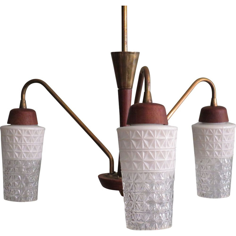 Candelabro vintage com 3 braços em teca, latão e vidro