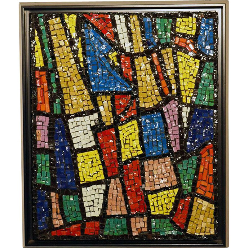 Vintage glass mosaic wall panel with wooden frame, Italy 1960