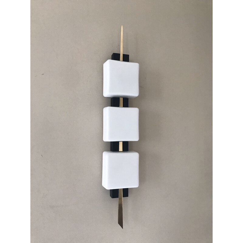 Vintage black lacquered metal and brass wall lamp 1960 