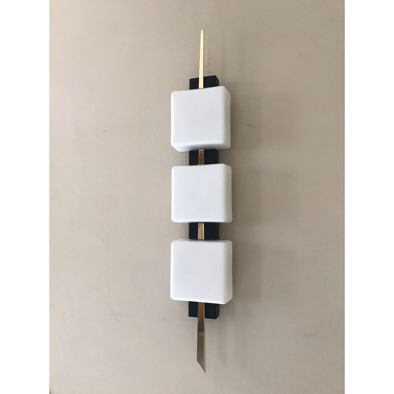 Vintage black lacquered metal and brass wall lamp 1960 