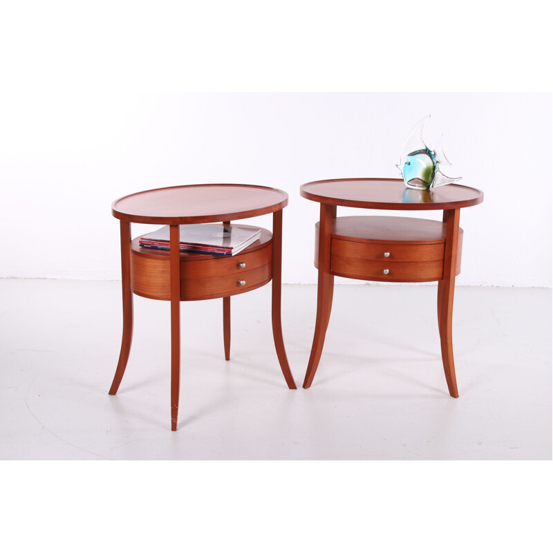 Pair of vintage oval bedside tables made of cherry wood Italian 