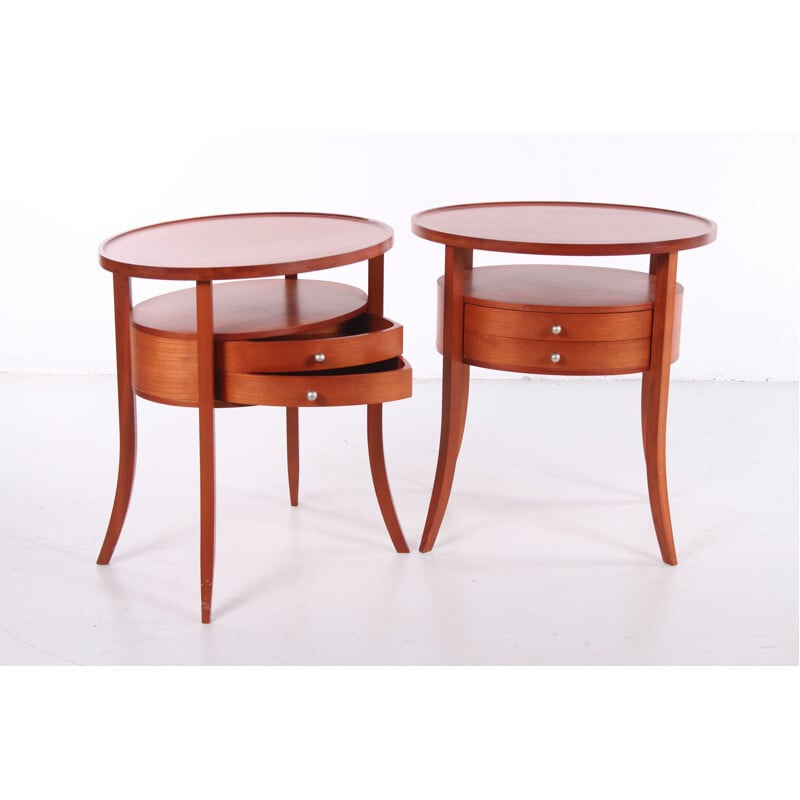 Pair of vintage oval bedside tables made of cherry wood Italian 