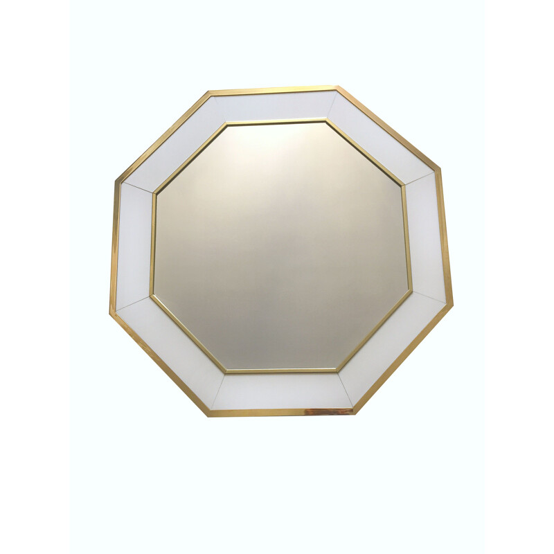 Vintage white lacquer and brass mirror by Jean Claude Mahey, 1970