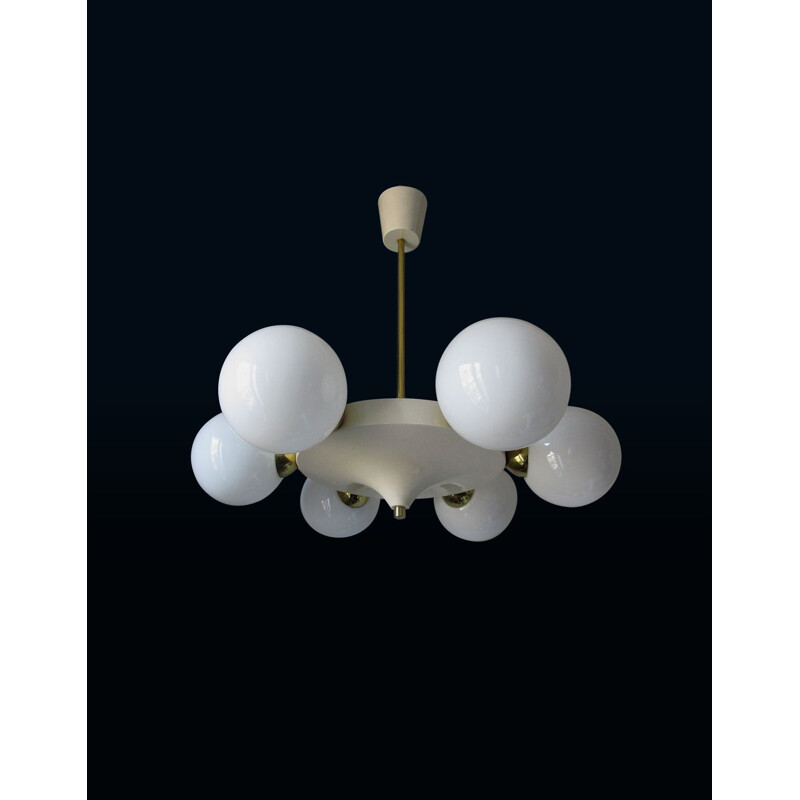 Vintage opaline, cream lacquer and brass chandelier, Italy 1960