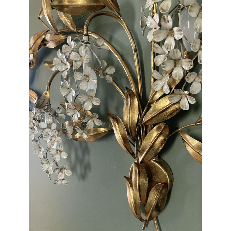 Vintage XXL floral wall lamp in gold leaf by Hans Kogl 1970