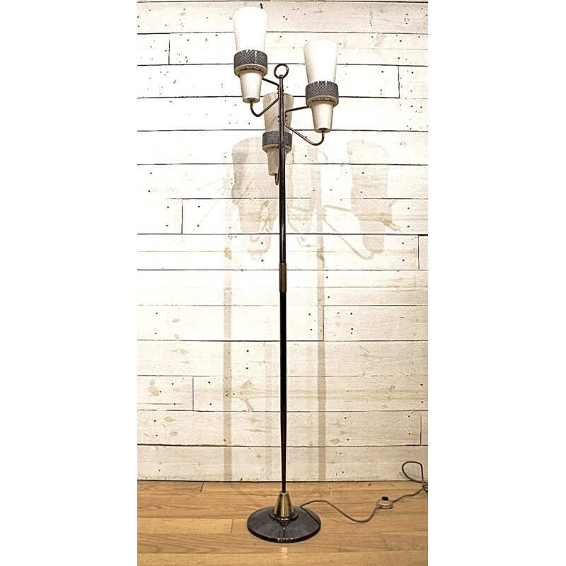 Vintage three-headed floor lamp in opaline and brass, Maison Arlus, France 1950 