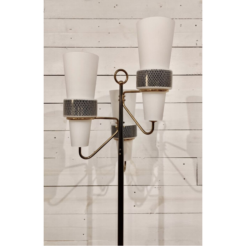 Vintage three-headed floor lamp in opaline and brass, Maison Arlus, France 1950 