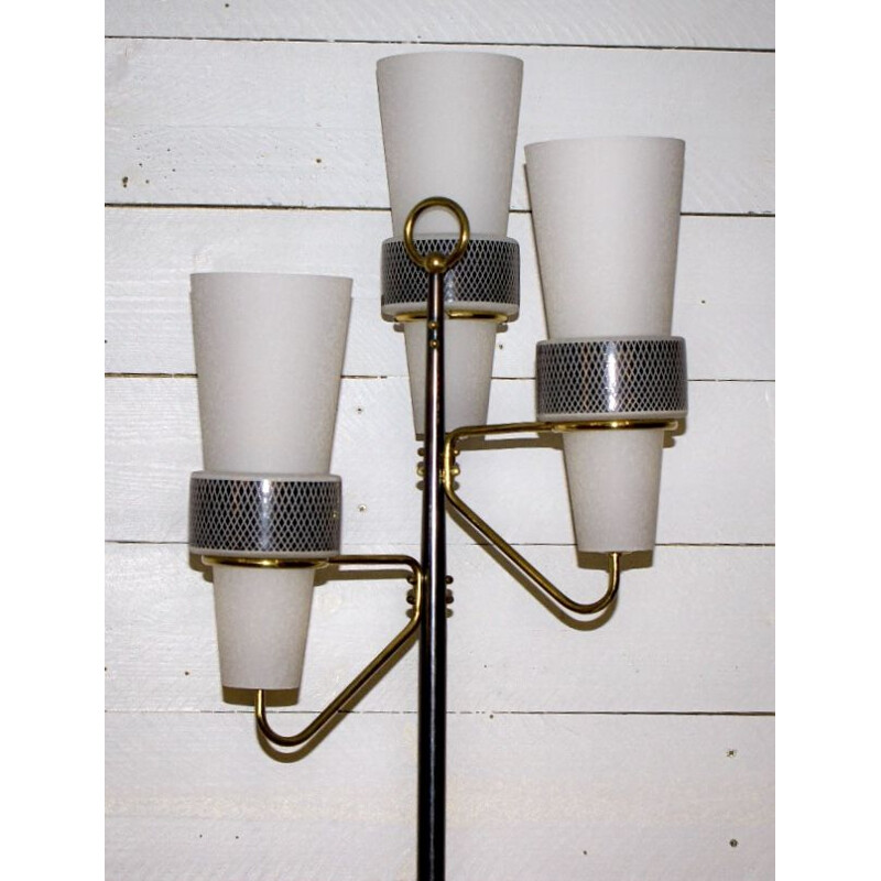 Vintage three-headed floor lamp in opaline and brass, Maison Arlus, France 1950 