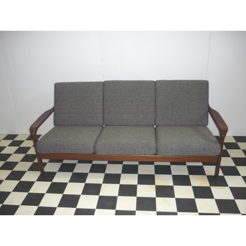 3 seater sofa in teak and grey fabric - 1960s