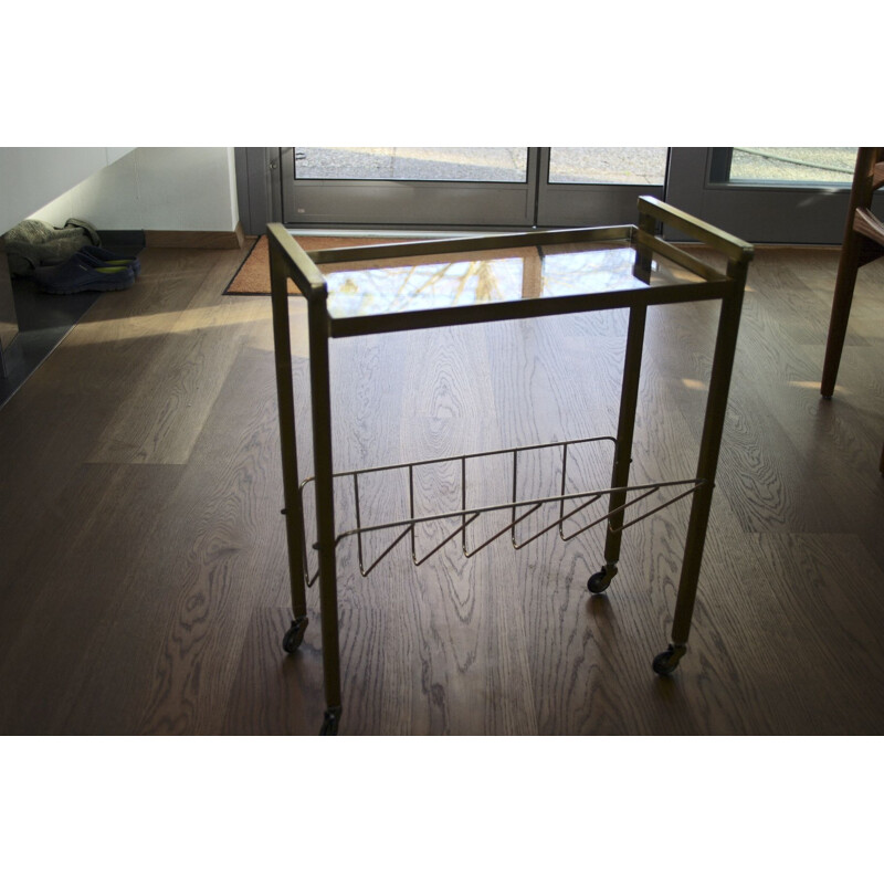 Vintage side table with brass and glass magazine holder, 1960