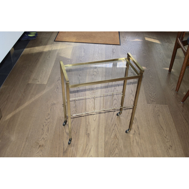 Vintage side table with brass and glass magazine holder, 1960