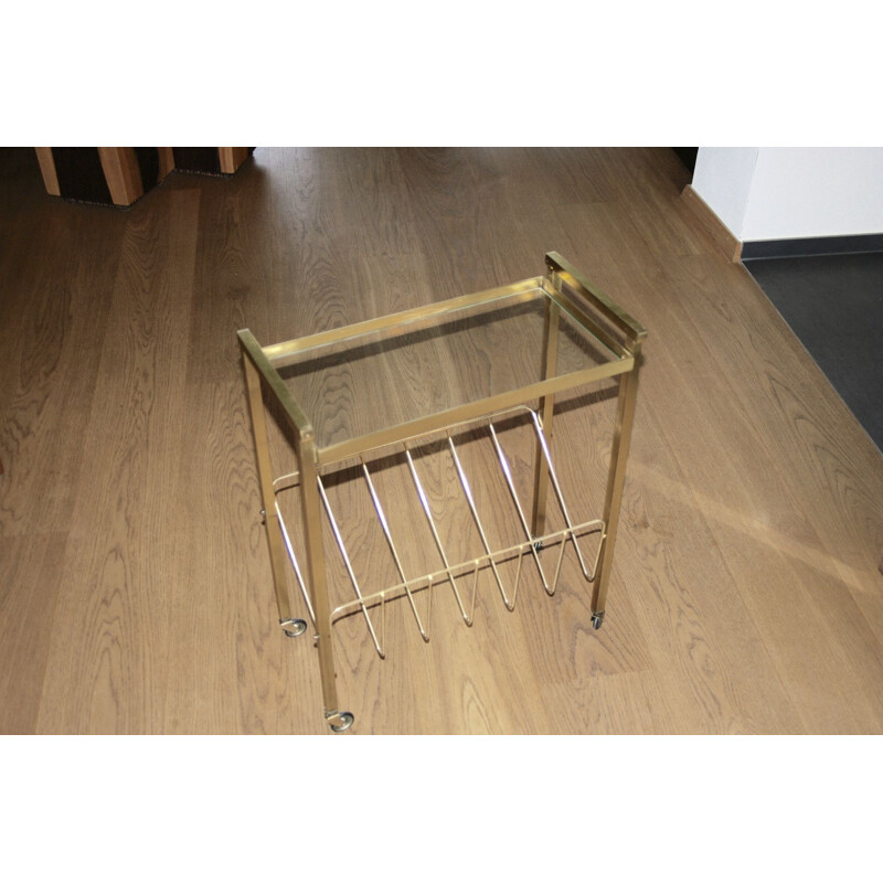 Vintage side table with brass and glass magazine holder, 1960