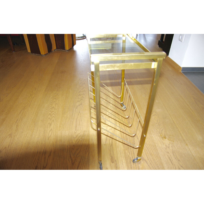 Vintage side table with brass and glass magazine holder, 1960