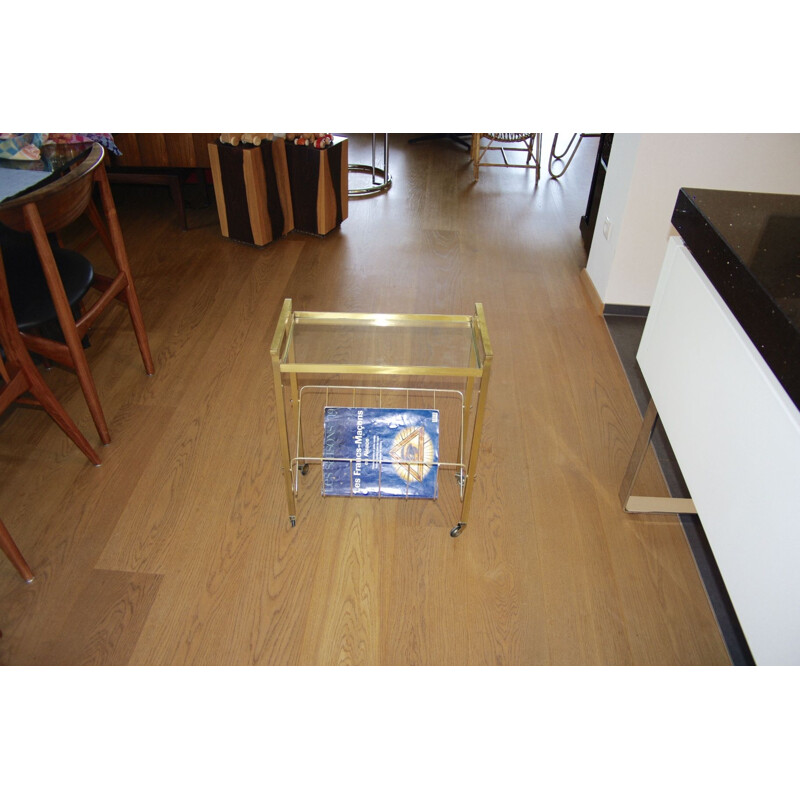 Vintage side table with brass and glass magazine holder, 1960