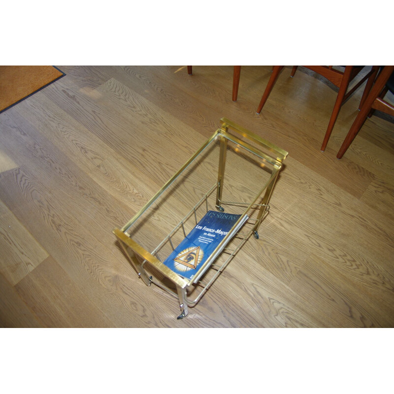 Vintage side table with brass and glass magazine holder, 1960