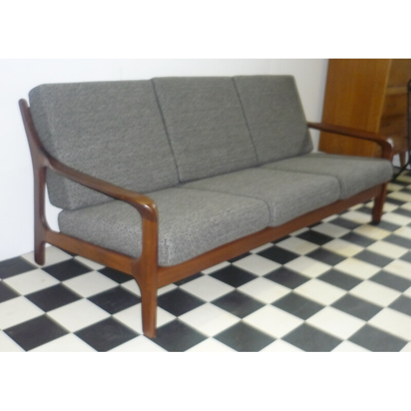 3 seater sofa in teak and grey fabric - 1960s