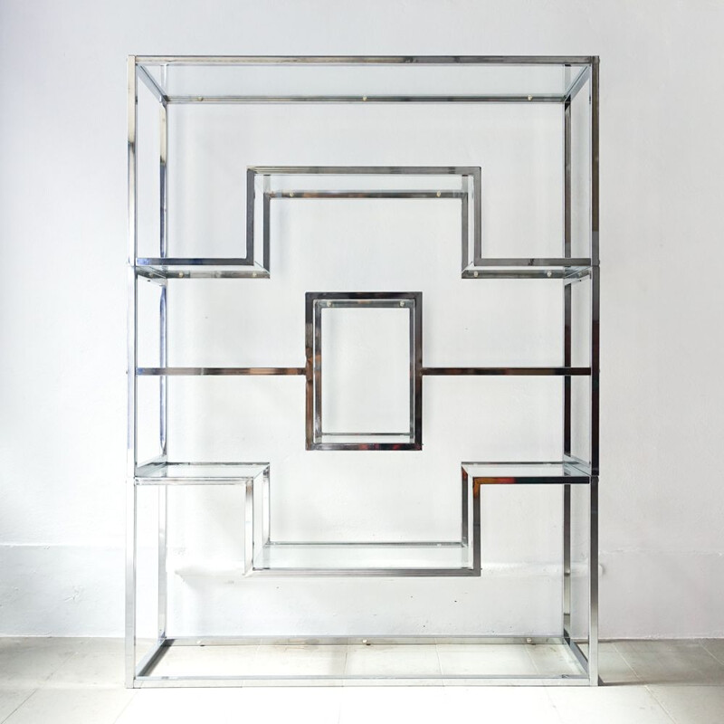 Vintage glass and chrome shelf by Romeo Rega 1970