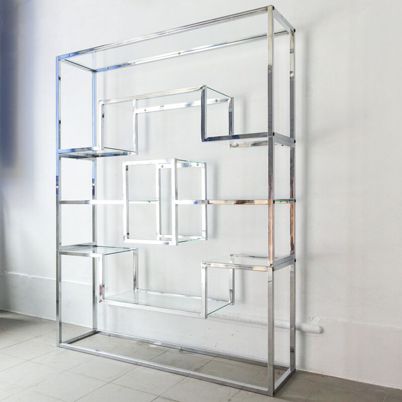 Vintage glass and chrome shelf by Romeo Rega 1970