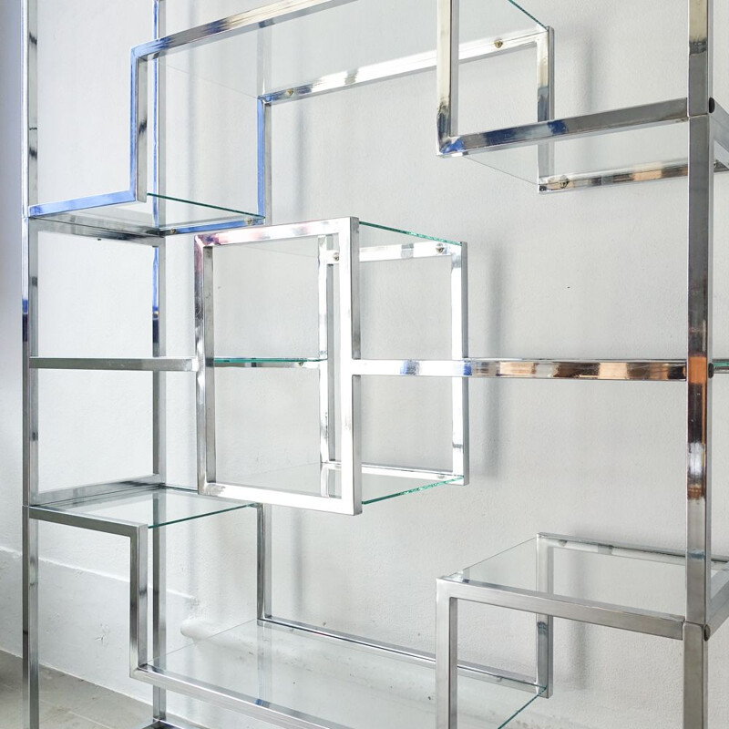 Vintage glass and chrome shelf by Romeo Rega 1970