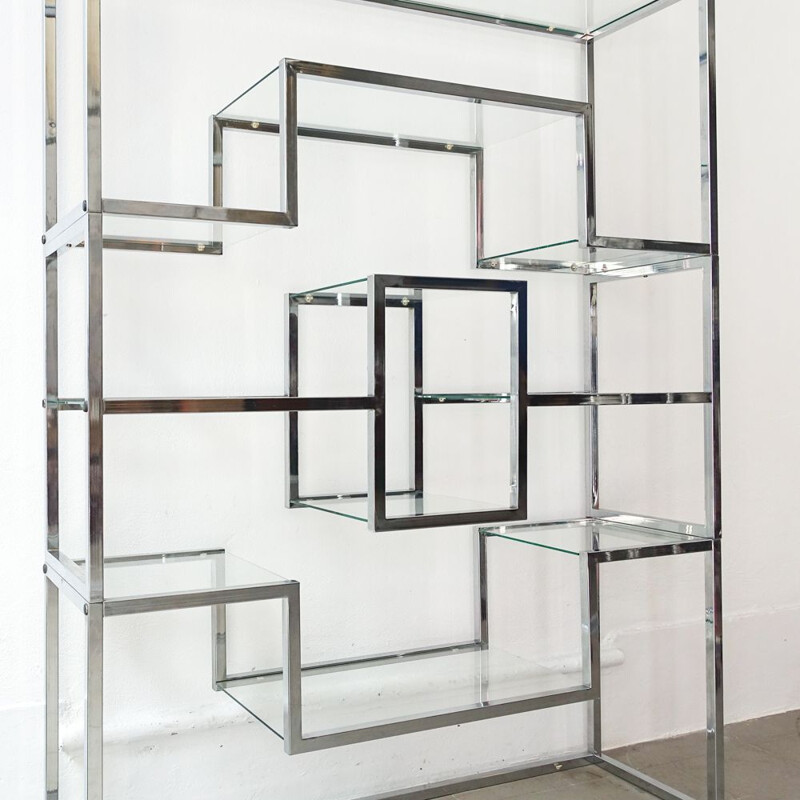 Vintage glass and chrome shelf by Romeo Rega 1970