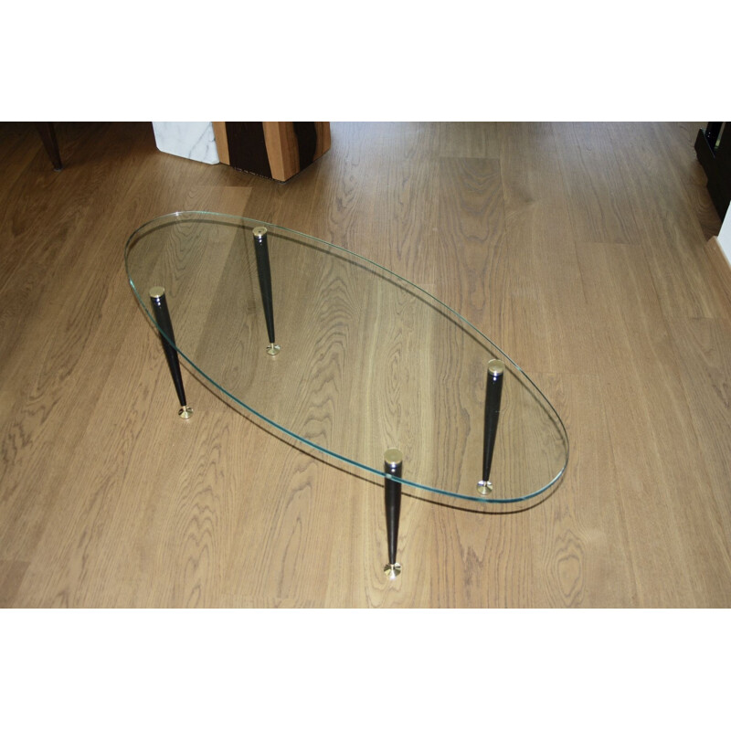 Table basse vintage minimaliste en verre acier et laiton 1950