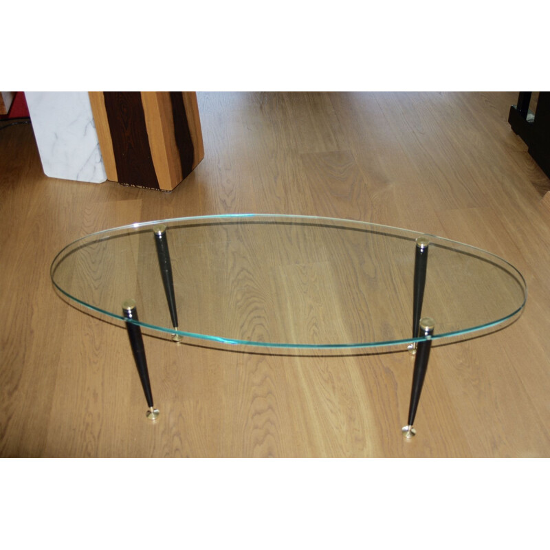 Table basse vintage minimaliste en verre acier et laiton 1950
